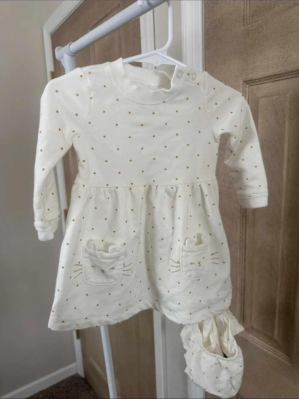 Carter's Cream Long Sleeve Polka Dot Dress with Kitty Pockets